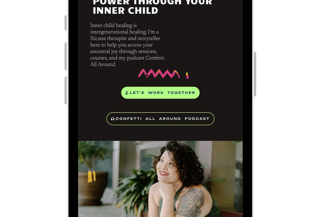 Rooted in Reflection website shown on mobile device, featuring bold Xicana-inspired design with inner child healing content