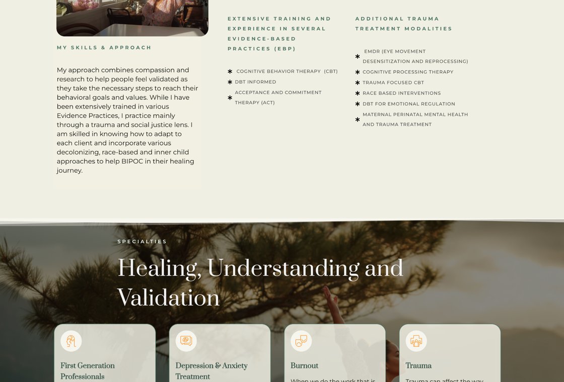 Sofia Mendoza LCSW approach page showing trauma-informed specialties with warm earth tones and mountain imagery