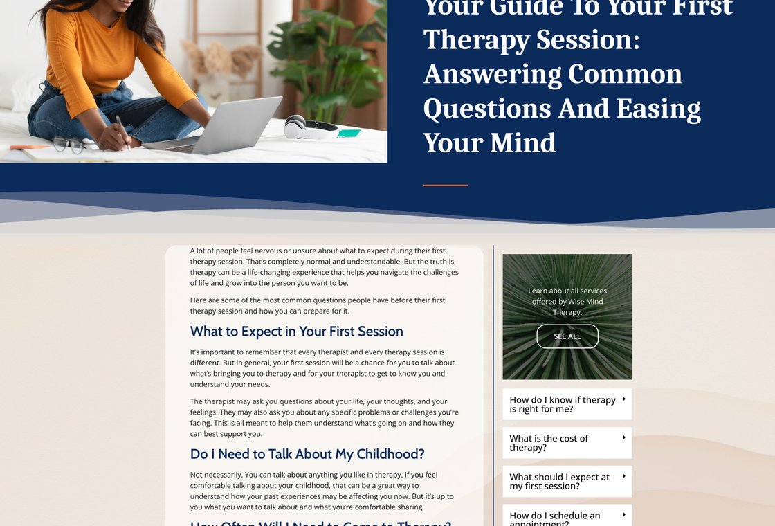 Wise Mind Therapist inner page showing first therapy session guide with accessible navigation and crisis resources