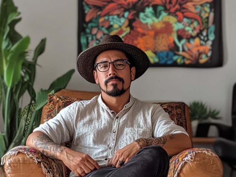 Therapist seated in a beautifully styled office with plants, colorful tapestry, and leather chair — The Healing Space photo pack