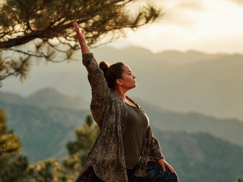 Woman doing yoga on a mountain at golden hour with dramatic clouds and pine trees — Presence video pack