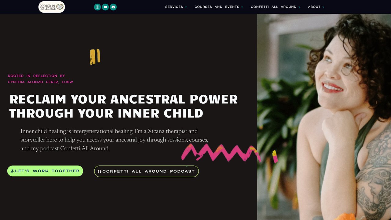 Screenshot of Rooted in Reflection therapist website featuring bold typography and vibrant design