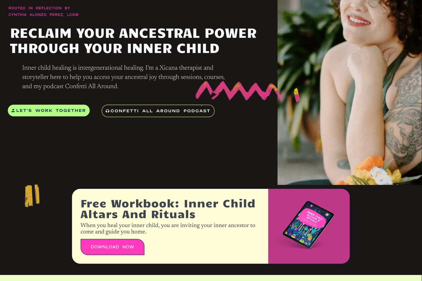Full homepage screenshot of rootedinreflection.org showing Xicana therapist website with cultural design