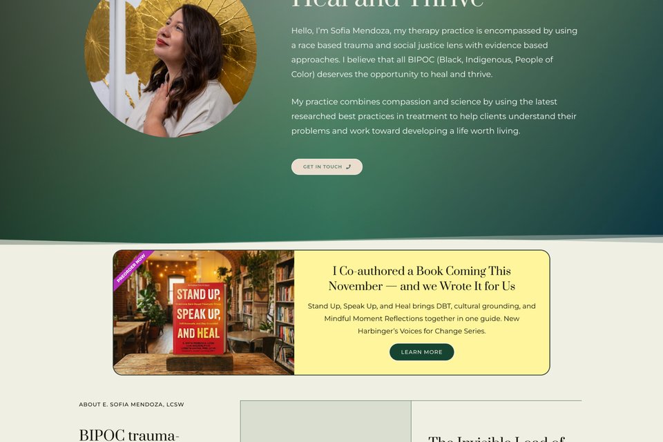 Homepage screenshot of sofiamendozalcsw.com showing BIPOC trauma therapist website with green and gold design