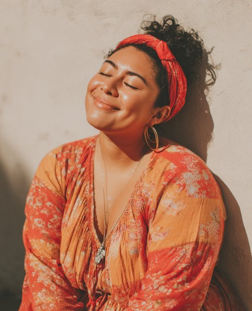 Woman with eyes closed, peaceful expression basking in warm golden sunlight with red headband